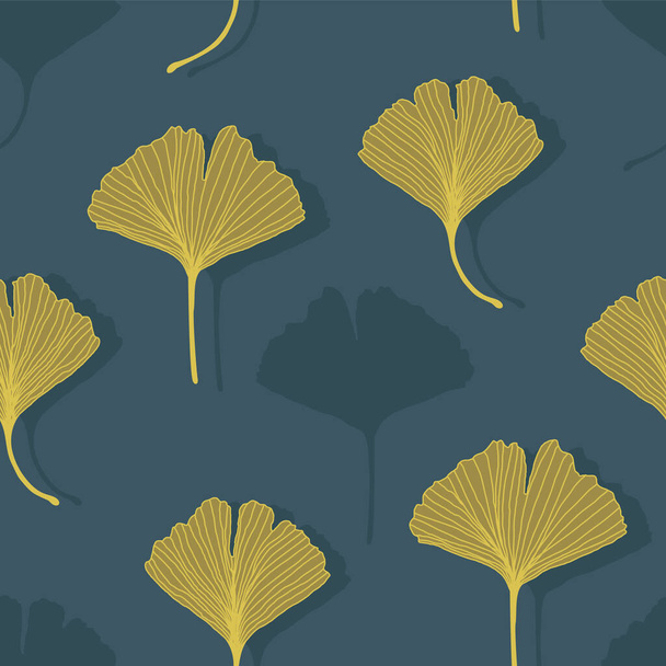 Цветочные декоративные бесшовные узоры с желтыми золотистыми листьями гинкго билоба на темно-синем фоне. Бесконечный фон может быть использован для обоев, шаблонов заполнения, текстиля, веб-страницы фона, поверхности т
 - Вектор,изображение