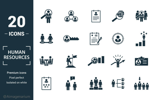 Conjunto de iconos de Recursos Humanos. Incluya elementos creativos de búsqueda, curriculum vitae, relación, caza de cabezas, iconos de la entrevista. Puede ser utilizado para el informe, presentación, diagrama, diseño web
 - Vector, imagen