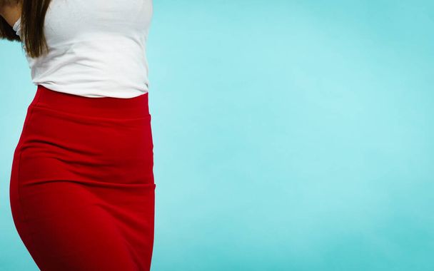 woman presenting outfit red shapely skirt - Foto, Imagen