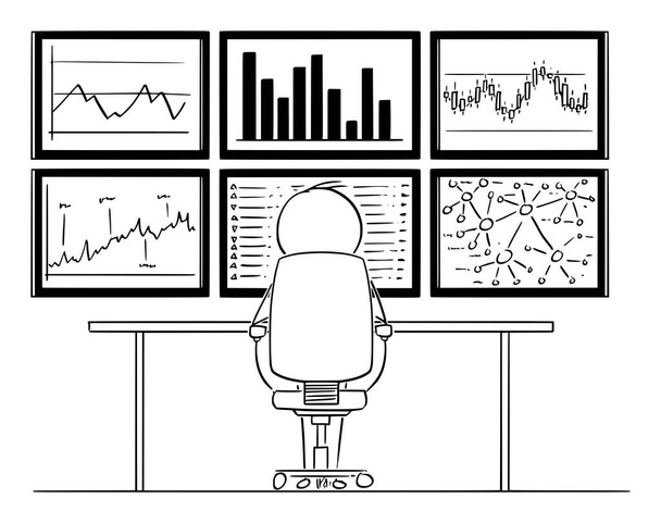 Vector Cartoon Illustration of Businessman Sitting in Front of Six Computer Monitors Mounted on Wall and Analyzing Market Data - Вектор, зображення