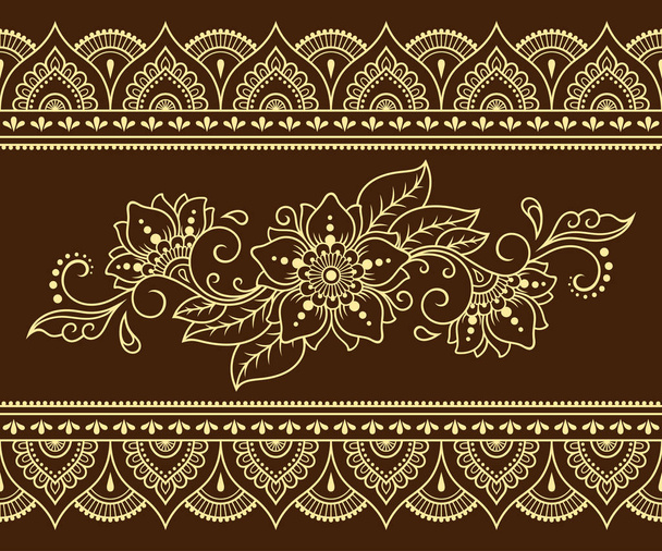 Seamless pattern of mehndi flower and border for Henna drawing and tattoo. Decorative doodle ornament in ethnic oriental, Indian style. Outline hand draw vector illustration. - Vector, Image