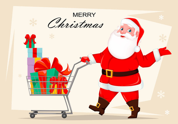Kerstman met winkelwagentje vol cadeautjes - Vector, afbeelding