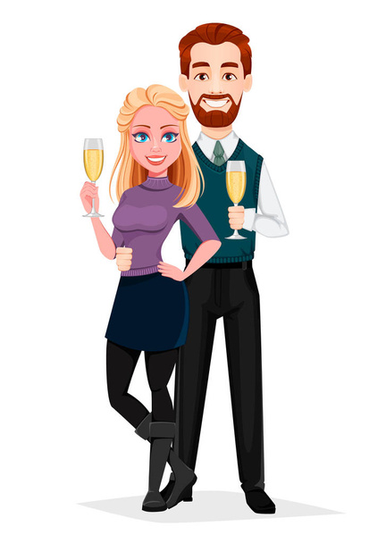 Romantic couple standing with champagne - Vector, Image