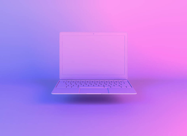Φορητός υπολογιστής ή φορητός υπολογιστής φωτίζεται από ολογραφικά φώτα φωτεινών διαβαθμίσεων ροζ μπλε βιολετί χρωμάτων. Δημιουργικό ελάχιστο φόντο γραφείου, τρισδιάστατη απεικόνιση. Ποπ τέχνη, εννοιολογική τέχνη, μακιγιάρισμα - Φωτογραφία, εικόνα