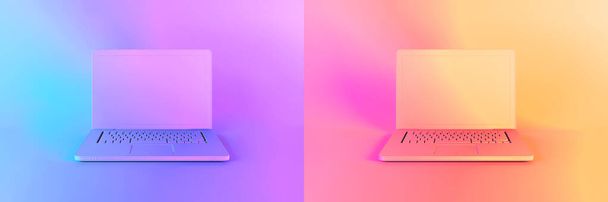 Laptop nebo notebook počítač osvětlený jasným gradientem holografická světla růžové modré fialové žluté barvy Kreativní minimální kancelářské pozadí 3D ilustrace Pop art konceptuální umění maketa up - Fotografie, Obrázek