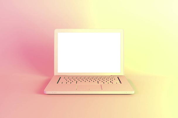Computer portatile o notebook con schermo bianco illuminato da luci olografiche a gradiente luminoso di colore giallo rosa. Sfondo ufficio creativo minimale. Pop art, arte concettuale, illustrazione 3D
 - Foto, immagini