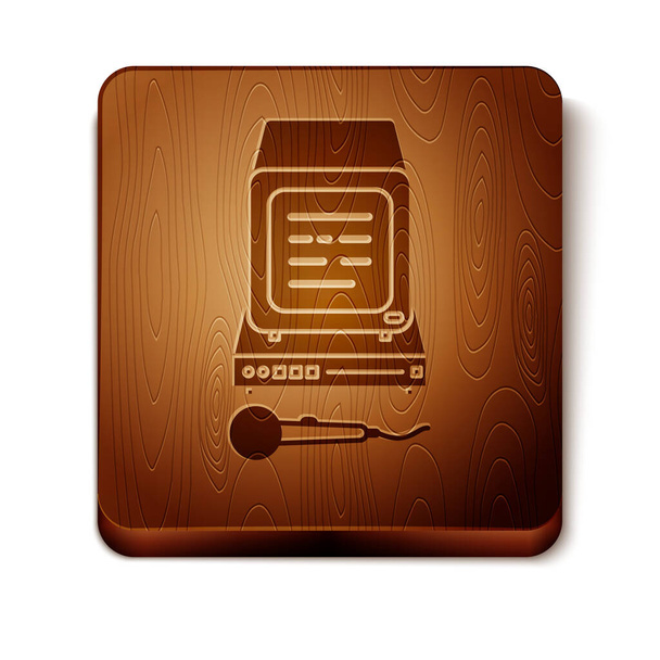 Icona karaoke marrone isolata su sfondo bianco. Microfono e monitor. Bottone quadrato in legno. Illustrazione vettoriale
 - Vettoriali, immagini