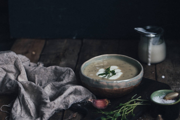 cauliflower cream soup, selective focus - Foto, Imagen