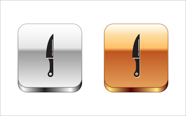 白い背景に隔離された黒いナイフのアイコン。カトラリー記号。シルバーゴールドの正方形のボタン。ベクトルイラストレーション - ベクター画像