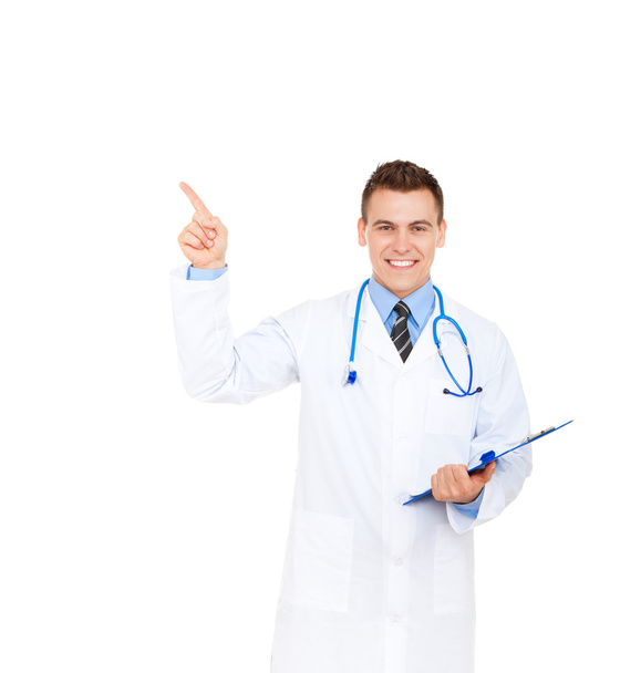 Medical doctor with stethoscope point finger up - Foto, afbeelding
