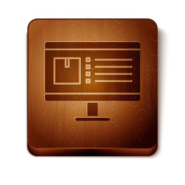 Monitor de computadora marrón con icono de seguimiento de entrega de aplicaciones aislado en fondo blanco. Seguimiento de paquetes. Botón cuadrado de madera. Ilustración vectorial
 - Vector, imagen