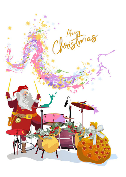 Christmas card with Santa Claus playing the drums. - Wektor, obraz