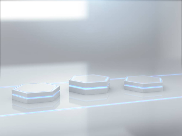 Pedestal para exibição, plataforma para design, suporte de produto em branco com brilho de luz.3D renderização
. - Foto, Imagem
