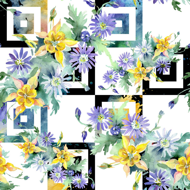 Bouquet floral botanical flowers. Watercolor background illustration set. Seamless background pattern. - Fotoğraf, Görsel