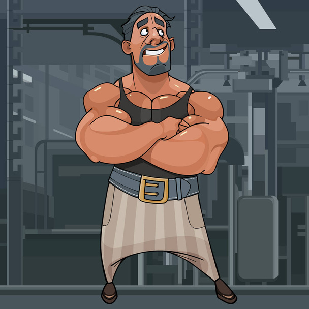cartoon muscle man bodybuilder stands and dreams - Vektori, kuva