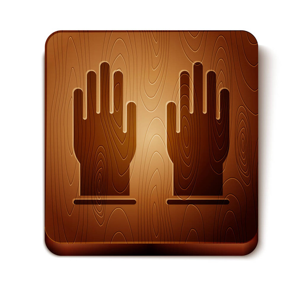 Brown Rubber gloves icon isolated on white background. Latex hand protection sign. Housework cleaning equipment symbol. Wooden square button. Vector Illustration - Vector, Image
