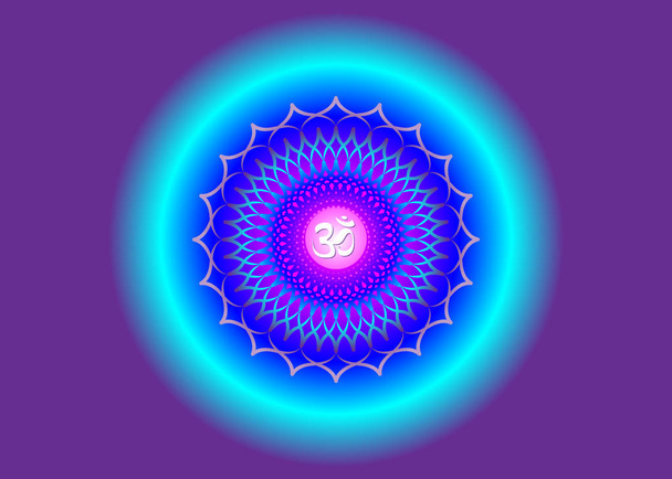 Корона Чакра Сахасрара. Сьома чакра розташована у верхній частині голови. Вона представляє стани вищої свідомості та божественного зв'язку. Священна геометрія Квітка мандала пурпуровий колір для роздумів - Вектор, зображення