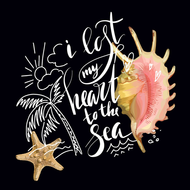 Sea quote lettering with realistic shell and starfish for t-shirt design and beach bags in chalk board style - Вектор, зображення