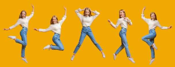 Collage of cheerful teen girl jumping in air - Φωτογραφία, εικόνα