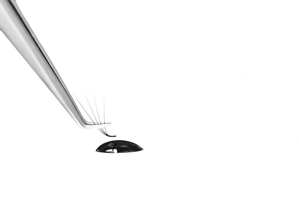 Master puts drop of glue on eyelash bundle extension procedure. Isolated white background - Photo, Image
