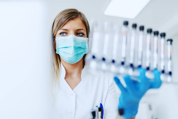 Assistente de laboratório feminina usando laptop para entrada de dados e, por outro lado, segurando tubos de ensaio com amostra de sangue enquanto sentado em laboratório
. - Foto, Imagem