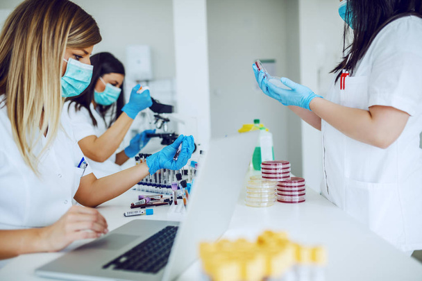Küçük bir grup kadın laboratuvar asistanı kanı inceliyor, mikroskop kullanıyor ve bakteri testi yapıyorlar.. - Fotoğraf, Görsel