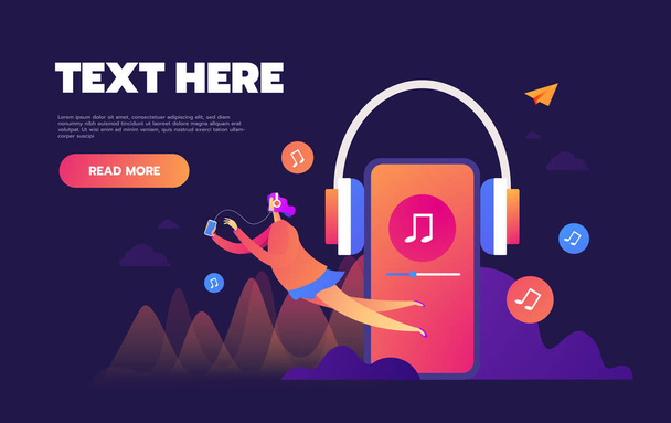 Concept of internet online music streaming listening, people relax listen. Music applications, playlist online songs. Music blog, vector Illustration. - Vector, Image
