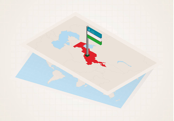 Uzbekistan selected on map with isometric flag of Uzbekistan. - Vector, Image