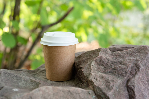 Disposable paper cup on a background of nature on the stones. - Photo, Image