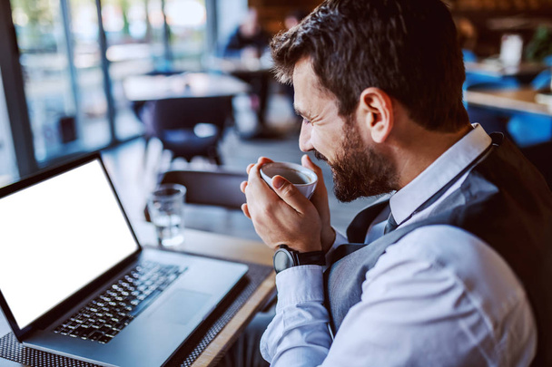 Zadowolony biały przystojny brodaty biznesmen w garniturze siedzi w kawiarni, pije kawę i patrzy na laptopa. - Zdjęcie, obraz