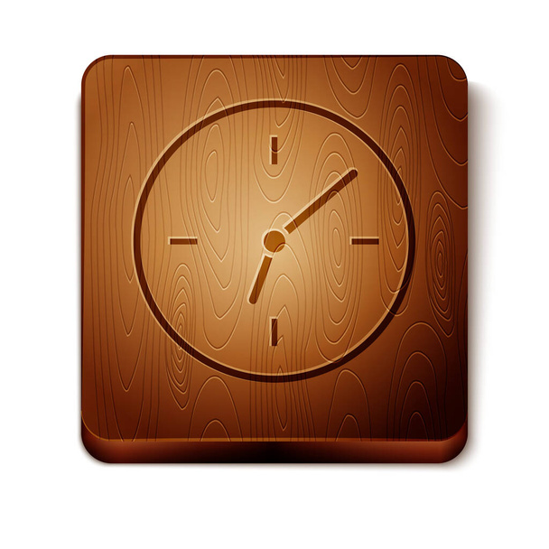 Brązowa ikona zegara na białym tle. Symbol czasu. Drewniany przycisk kwadratowy. Ilustracja wektorowa - Wektor, obraz