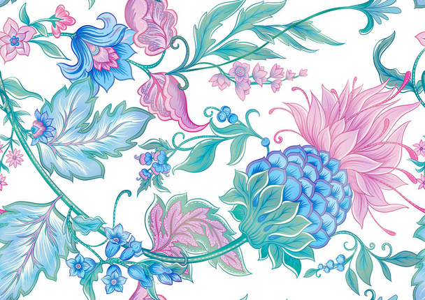 Fantasy flowers vintage, jacobean embroidery style - Vector, Image