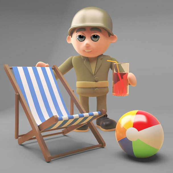 Żołnierz armii kreskówek na wakacjach z leżakiem, piłka plażowa i picie, Ilustracja 3D - Zdjęcie, obraz