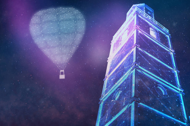 Bela abstrato surreal Airship balão e cidade paisagem cosmos conceito de colagem espacial, cores contemporâneas e humor fundo social
. - Foto, Imagem