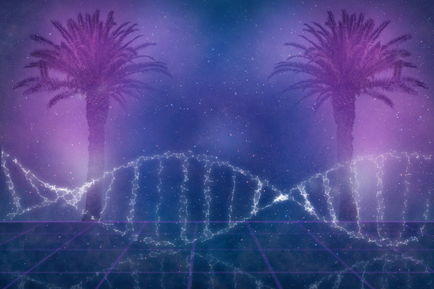 Kaunis abstrakti surrealistinen DNA-molekyyli trooppinen maisema ja neonfuturistisen kaupunkikollaasikonseptin siluetti, tausta
. - Valokuva, kuva