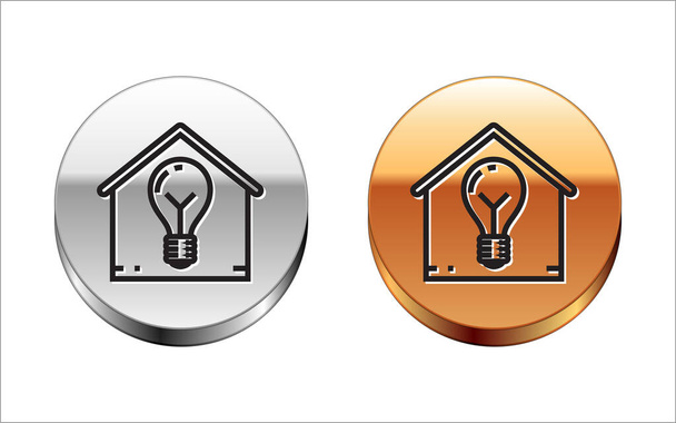 Black line Smart house and light bulb icon isolated on white background. Silver-gold circle button. Vector Illustration - Vector, Image