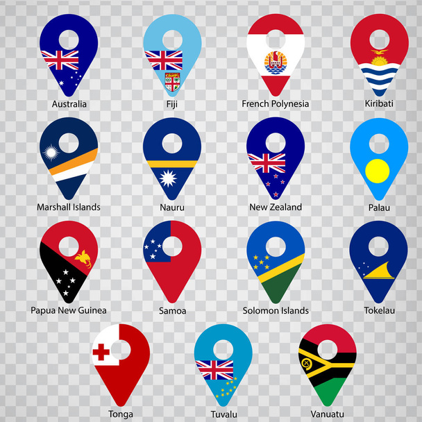Ausztrália és Óceánia 15 zászlója - ábécé sorrendben névvel. Állítsa be a 2d geolokációs jelek, mint a nemzeti zászlók Ausztrália és Óceánia. Tizenöt földrajzi helymeghatározó jel. 10. rész. - Vektor, kép