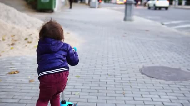 Kind fährt Roller auf grünem Kickboard. - Filmmaterial, Video