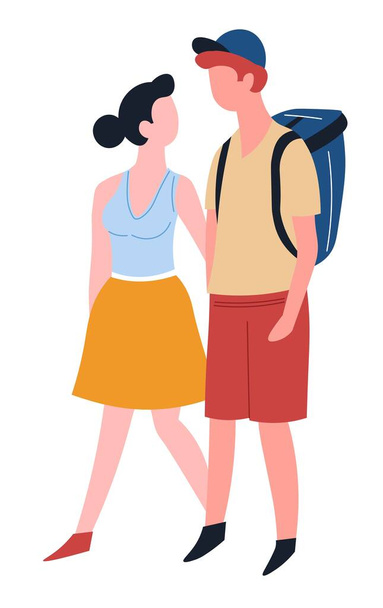 Пара любить подорожувати чоловік з рюкзаком і жінкою ізольовані персонажі векторний хлопець і дівчина туризм або поїздка хлопець і дівчина ходьба пішохідні руки тримаючи руки знайомства і вихідні відносини
 - Вектор, зображення