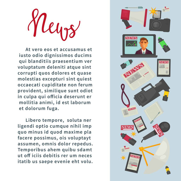 News program with man talking about events happened in country vector host on tv television screen and objects for journalist camera and microphone with papers and clipboard badges poster text - Vector, Image