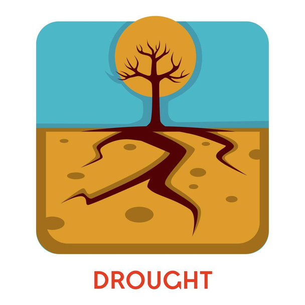 Sucha ziemia i susza drzewa klęska żywiołowa gorąca pogoda izolowane ikona wektor krajobraz pustynia pęknięcia w ziemi wysoka temperatura atmosferyczna roślinność wyginięcie problem środowiskowy godło lub logo - Wektor, obraz
