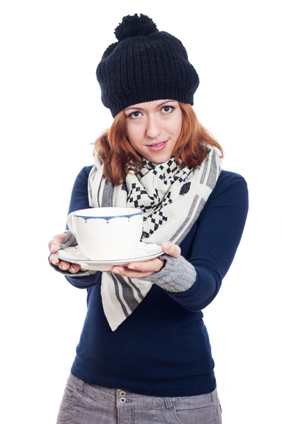 Winter woman holding mug of tea or coffee - Photo, Image