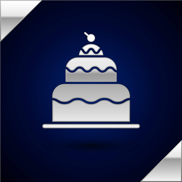 Ezüst torta ikon izolált sötétkék háttérben. boldog születésnapot. Vektoros illusztráció - Vektor, kép