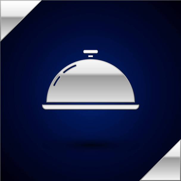 Silver Covered with a tray of food icon isolated on dark blue background. Tray and lid sign. Restaurant cloche with lid. Kitchenware symbol. Vector Illustration - Vector, Image