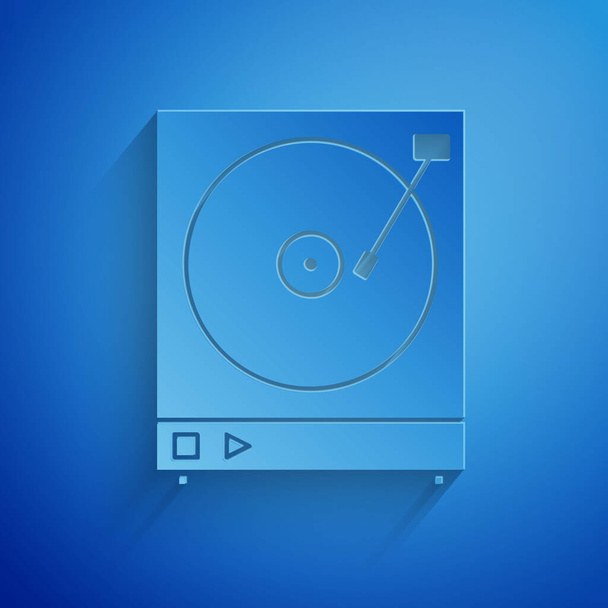 Papier gesneden Vinyl speler met een vinyl disk icoon geïsoleerd op blauwe achtergrond. Papierkunst stijl. Vector Illustratie - Vector, afbeelding