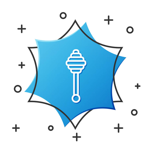 White line Honey dipper stick icon isolated on white background. Honey ladle. Blue hexagon button. Vector Illustration - ベクター画像