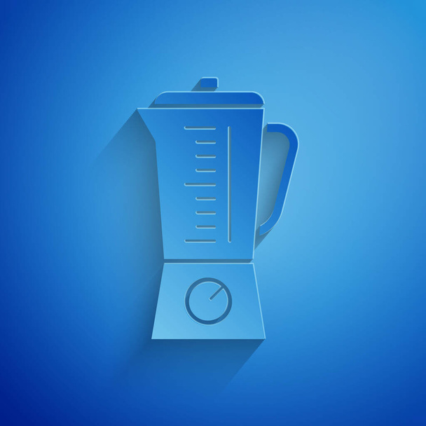 Paper cut Blender icon isolated on blue background. Kitchen electric stationary blender with bowl. Cooking smoothies, cocktail or juice. Paper art style. Vector Illustration - Vector, Image