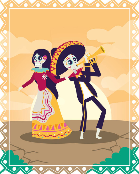 tarjeta día de los muertos con mariachi tocando trompeta y catrina
 - Vector, imagen