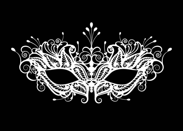 Ícone de máscara de carnaval silhueta branca isolada em fundo preto. máscara de corte a laser com decoração floral bordado veneziano. Desenho de ilustração vetorial
 - Vetor, Imagem