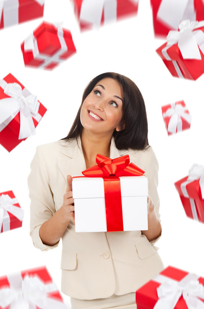 Business woman happy smile hold gift box - Fotoğraf, Görsel